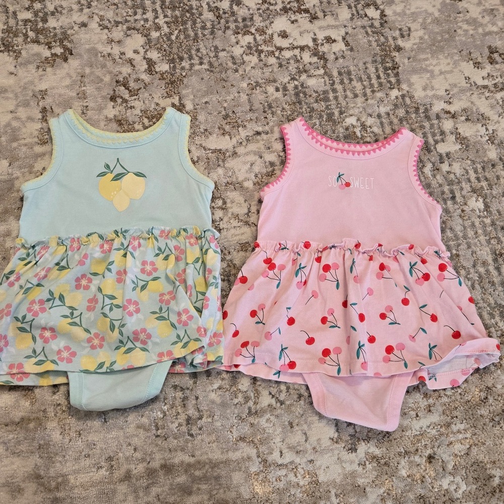 Lullaby Lane Baby Girls Bodysuit Dress Set 6-9 Months Lemons Cherries 2 Pack